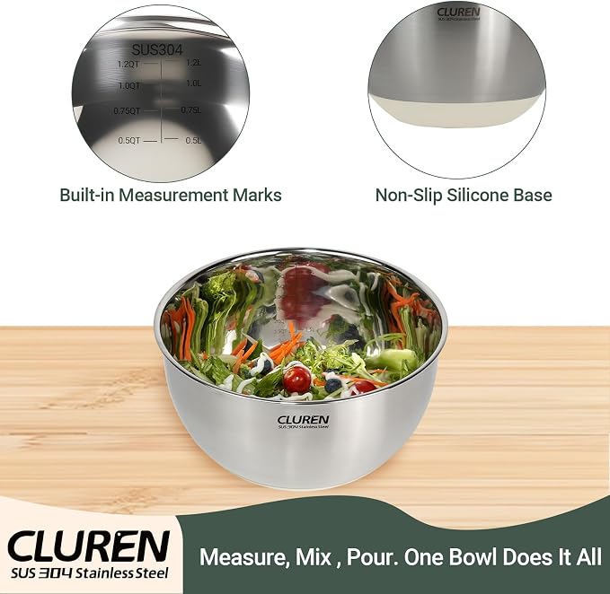 304 Stainless Steel Mixing Bowls of 3 (No lids) | Heavy-Gauge Metal Bowls with White Non-Slip Silicone Base – Nesting, Dishwasher Safe for Salad, Meal Prep