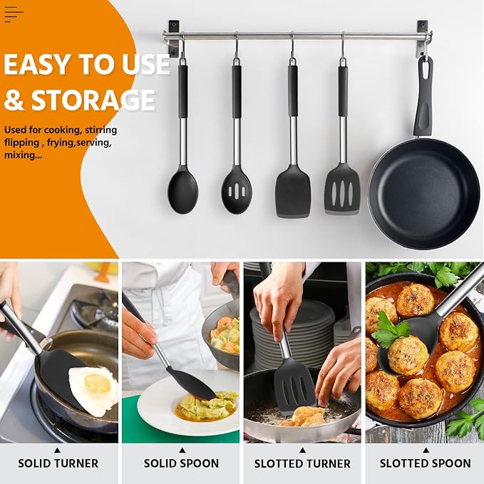 E-far Silicone Cooking Kitchen Utensils Set of 4 for Non-stick Cookware | Heat Resistant & Non-toxic, Includes Slotted Spatula Solid Spoon Turner, For Flipping Mixing Serving Basting, Black