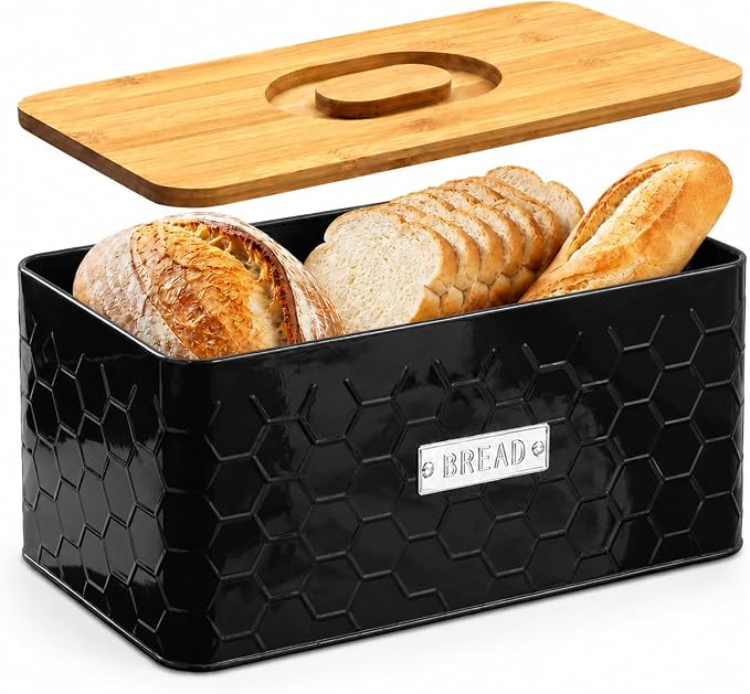 Bread Box for Countertop, Small Black Metal Bin with Bamboo Lid | Small farmhouse bread storage container and bread bin with cutting board lid for homemade bread and baked goods organization.