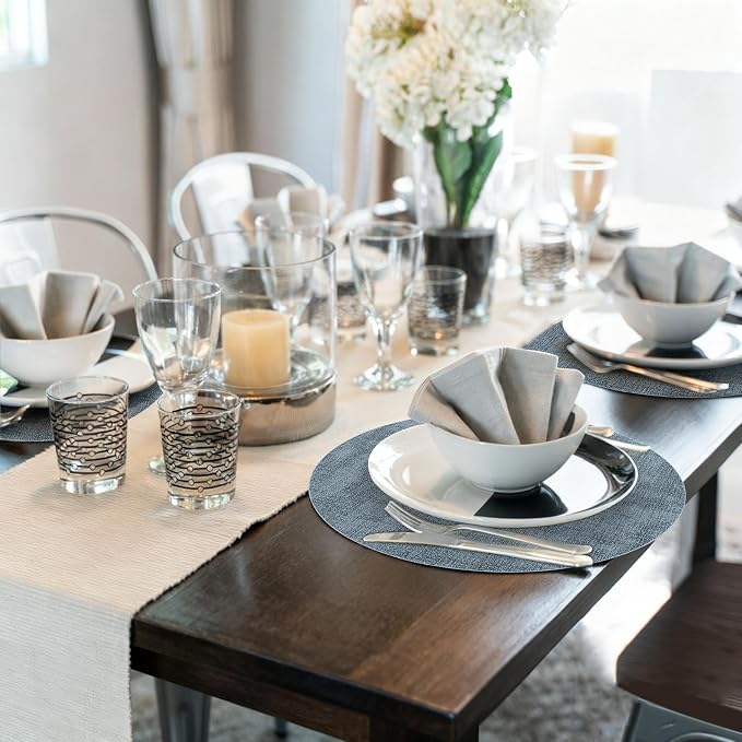 Maxpearl Faux Leather Round Placemats Set of 6, 13.8 inch, Blue | Waterproof, Heat Resistant, Non Slip, Wipe Clean Dining Table Place Mats, Suitable for Indoor & Outdoor Use, Table Settings