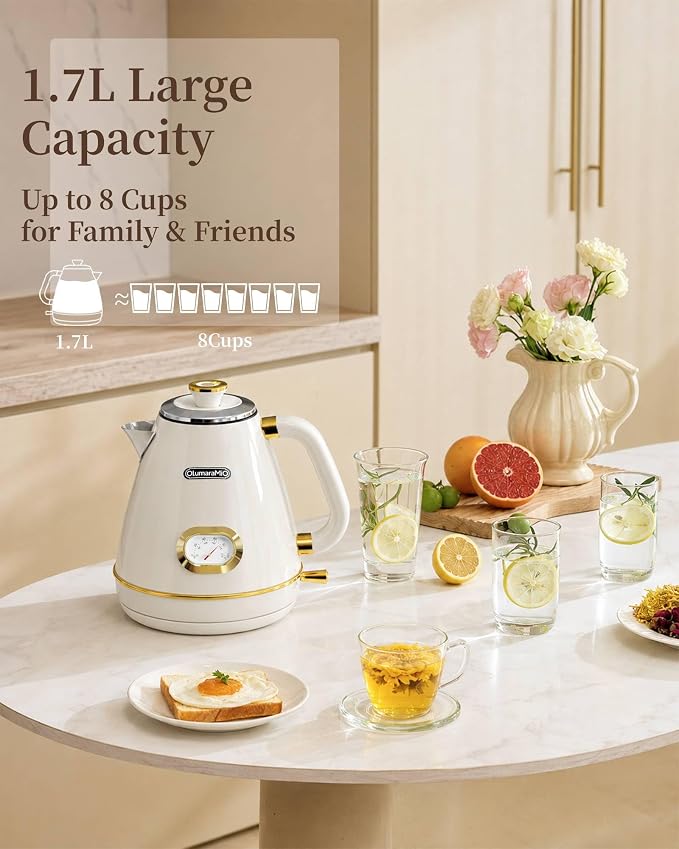 Olumaramio 1.7L Retro Electric Kettle with Thermometer, 1500W, Pearl White | 304 Stainless Steel, 1500W Fast Boiling, Auto Shut-Off, Boil-Dry Protection, BPA-Free