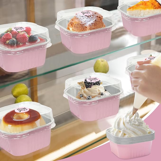 50 Pack 10oz Mini Cake Pans With Lids, Aluminum Foil Square Brownie Baking Cups,Disposable Large Cupcake Pan,Jumbo Muffin Tin Ramekins Holders Individual Dessert Containers for Sales,Party,Picnics