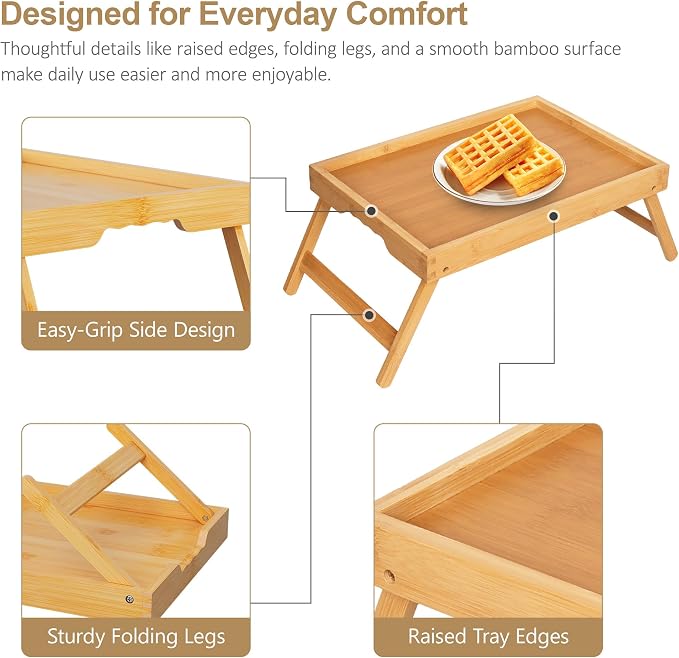 2 Pack Bamboo Bed Tray Tables with Folding Legs, Medium, Natural | Set of 2 bamboo bed trays with folding legs and wave handles for meals, laptops and serving in bed or on sofa.