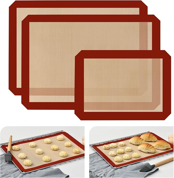 3-Pack Silicone Baking Mat, (16.5"x11.6") 2 Half Sheets + 1 Quarter Sheet Reusable Silicone Baking Sheets for Oven, BPA Free Nonstick Bakeware Mats for Cookies, Macarons and Pastry