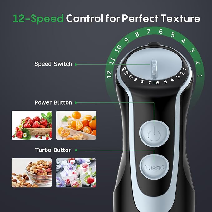 Immersion Blender Handheld, 2-In-1 Hand Blender with 12-Speeds & Turbo Mode | 500W Emulsion Blender, 24oz Beaker, Stainless Steel Blade，Stick Mixer for Baby Food, Smoothies, Soups & Sauces