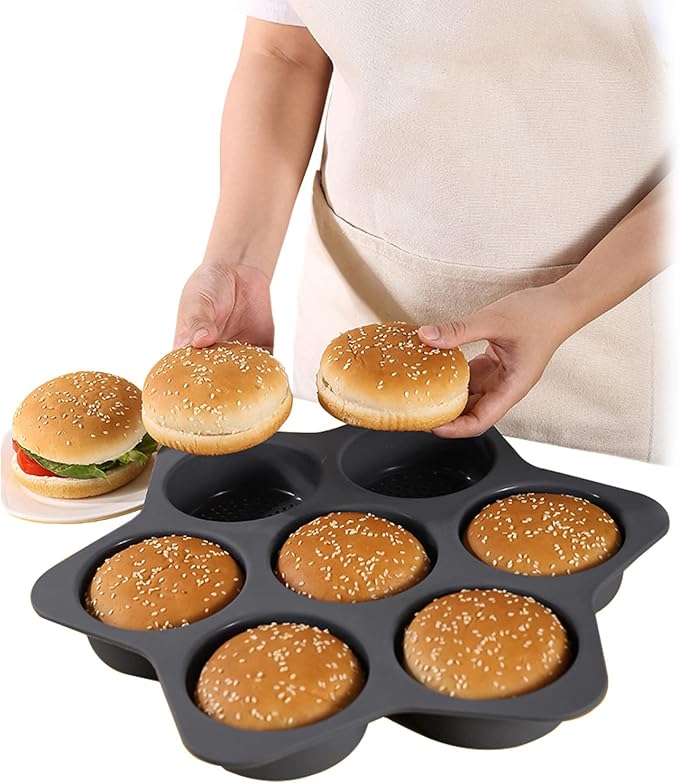 7-cavity Silicone Hamburger Bun Pan, Nonstick Loaf Pan & Heat Resistant Burger Bun Pans for Baking, Bread Pans for Homemade Bread, Bread pans for baking, Easy to Use Burger Pan