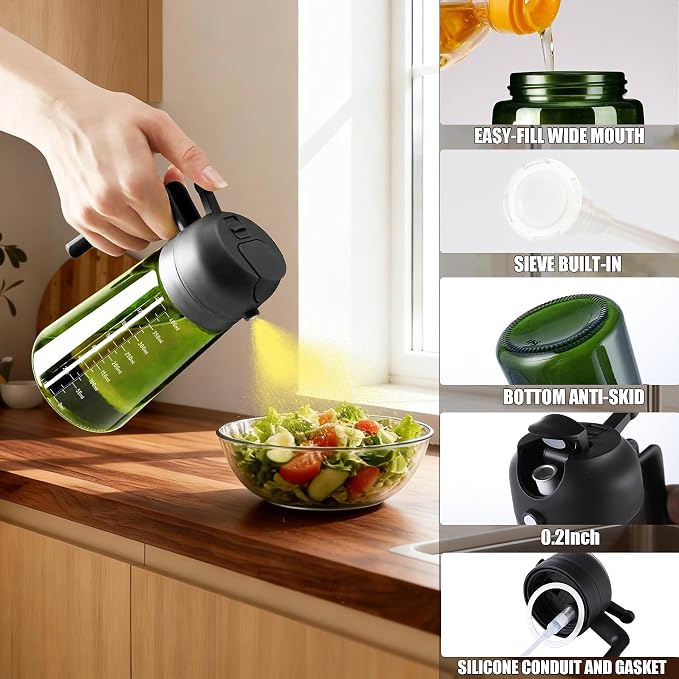 Olive Oil Sprayer & Dispenser for Cooking, 16oz Dark Glass Oil Mister, 2PC | 2-in-1 Oil Sprayer & Pourer, Fine mist, Light-Blocking, Wide Mouth, Easy Refill & Clean, 8 Oil Labels, Reusable, with Scale