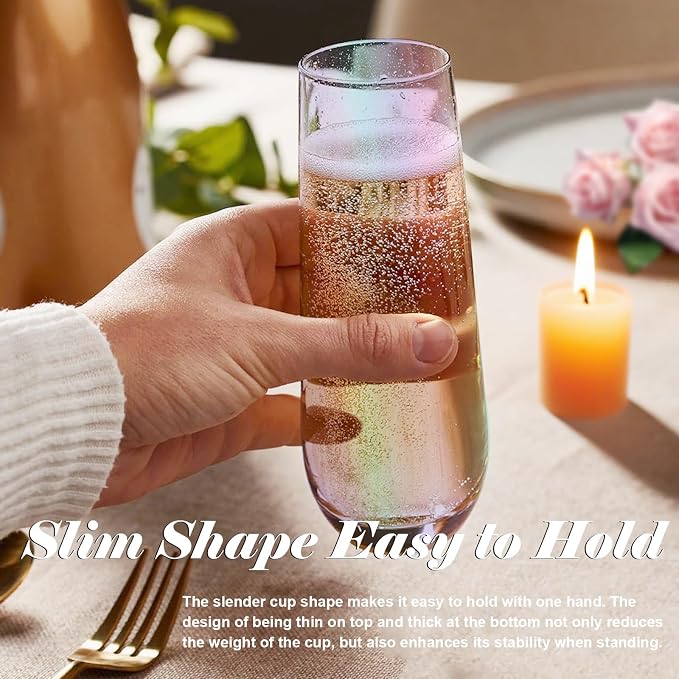 10oz Stemless Champagne Flutes, Iridescent Champagne Glasses, 4 PCS | Clear Crystal Glass Cups, Dishwasher Safe Wine Glasses Set for Champagne Cocktail Juice, Unique Gifts for Wine Enthusiasts