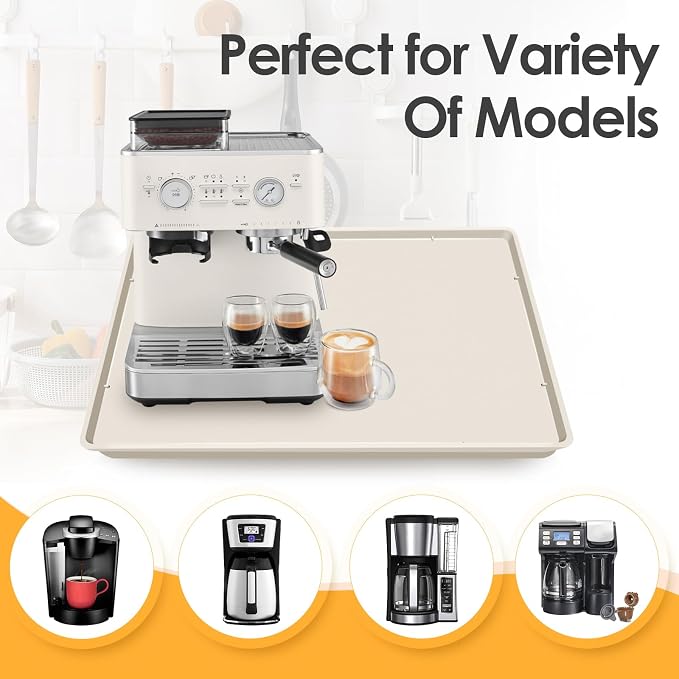 Silicone Coffee Maker Mat with Lip for Countertops, 19.7''x15'' Cream White | Multi leak-proof coffee tray for countertop, non-slip silicone tray for under coffee machine espresso accessory, wipe-clean