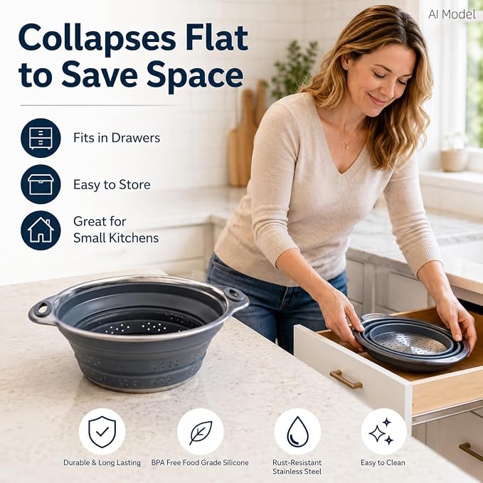 Mejoncb Collapsible Colander – Platinum Silicone Strainer with Stainless Steel Base, BPA-Free & Heat Resistant Kitchen Drain Basket (Gery)