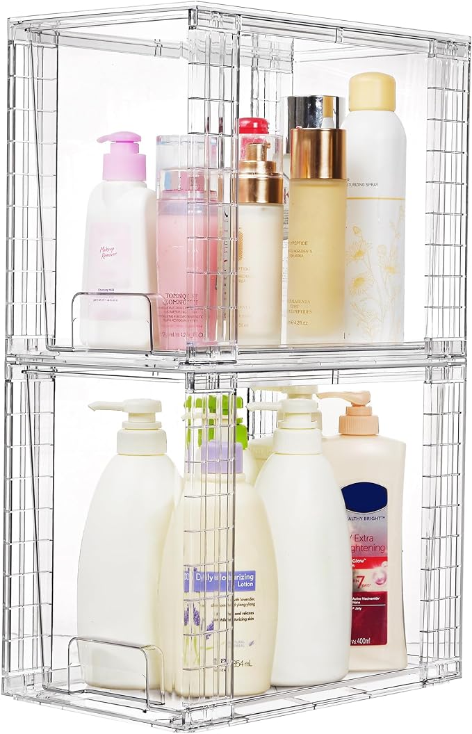 Vtopmart 2 Pack Clear Stackable Storage Drawers,9.7" High Plastic Organizers Bins for Skincare, Bathroom Supplies,Ideal for Cabinet,Undersink,Vanity,Kitchen,Pantry Organization
