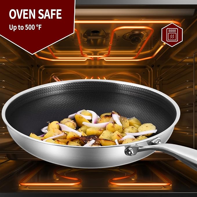 LOLYKITCH 10 12 Inch Nonstick Frying Pan Set with Lids | PFOA Free | Hybrid Stainless Steel Skillet | Non-Toxic | Stay-Cool Detachable Handle | Dishwasher and Oven Safe | Induction Ready