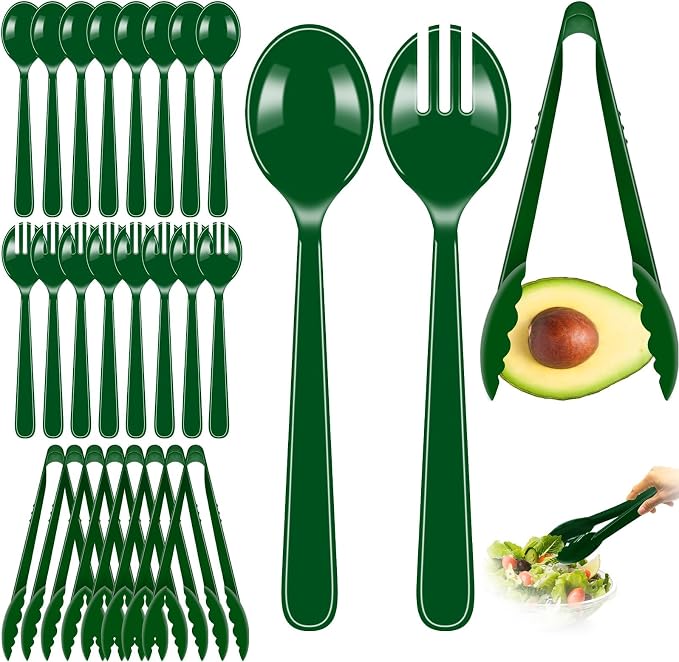 24 Pcs Green Plastic Serving Utensils Set - Heavy Duty Disposable Serving Spoons, Forks & Tongs (8 of Each) - Natural Catering Supplies for Salad Bars, Picnics, Garden Parties & Healthy Themed Events