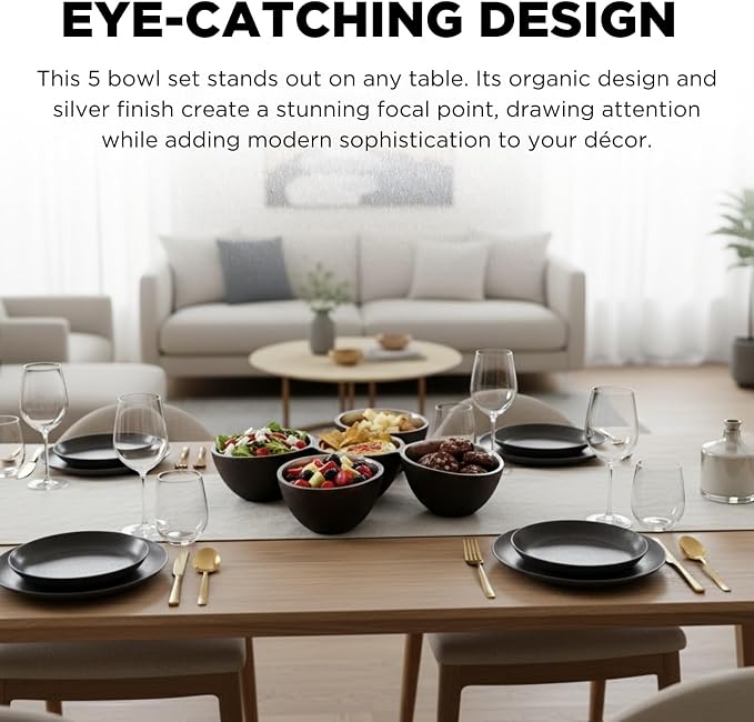 5 Cluster Decorative Bowls Dark Matte Bronze/Black & Chrome Silver Snack Tray Bowl Chip & Dip Serving Piece Strong Centerpiece Beautiful Room Accent & Entertaining Parties Home Decor Wedding Gifts 15"