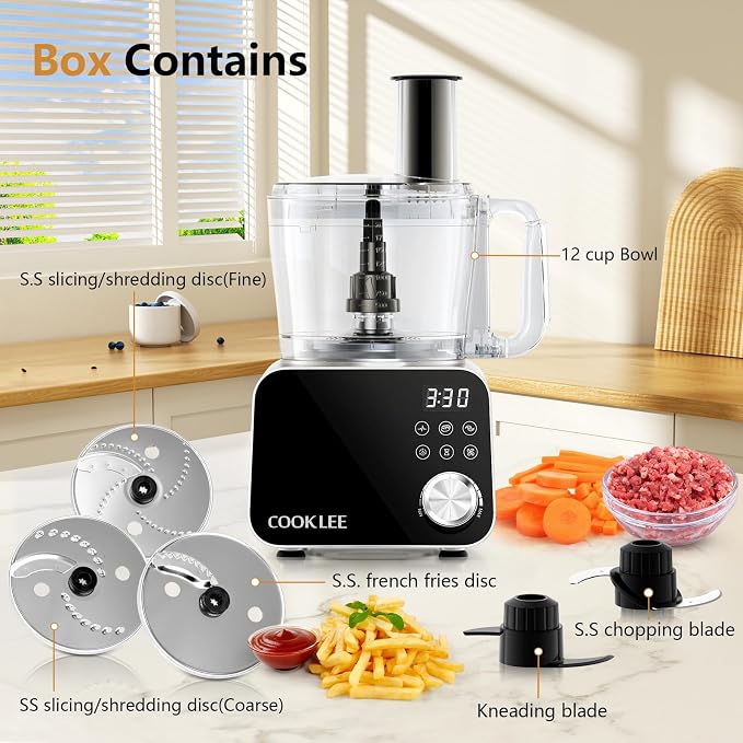 COOKLEE Food Processor, 600 Watts, 6 Functions Electric Food Chopper for Chopping, Mincing, Dicing, Shredding, Slicing, Purees & Dough with 12cup Processor Bowl, Food Chute & Pusher, Silver