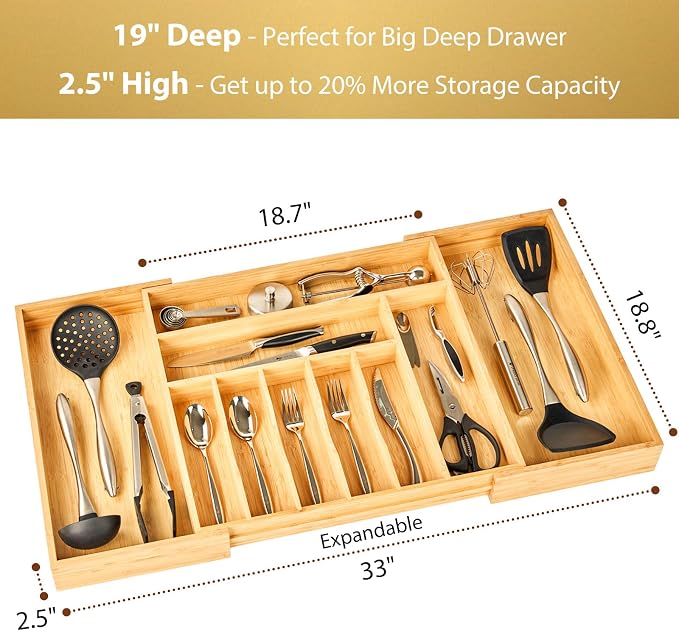 Extra Large Expandable Kitchen Siverware Utensils Drawer Organizer, 19" Deep for Big Drawer, Adjustable Bamboo Wood Drawer Divider with Curved Grooves, Cutlery Tray Flatware Holder