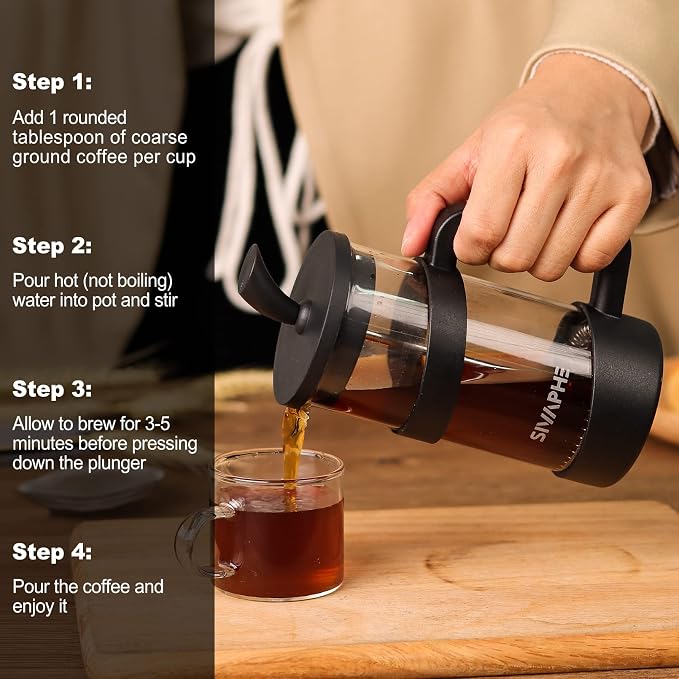 Sivaphe French Press 34oz Light-weight Durable High Borosilicate Carafe Maker 8 Cup Plastic Coffee Press Frothed