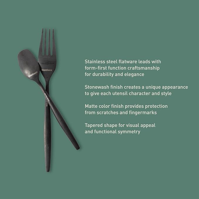Two Time Oprah's Favorite Things Winner - 20 Piece Stone Washed Black Flatware 18/10 Stainless Steel Silverware Cutlery Utensil Set With Acacia Wood Caddy - Service for 4