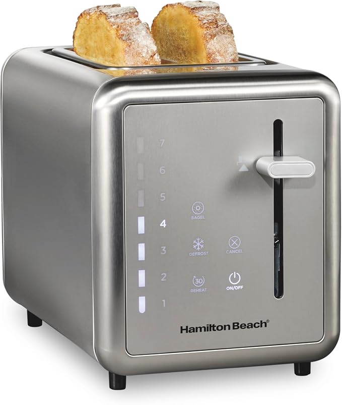 Hamilton Beach 2 Slice Toaster With Advanced Touchscreen & Extra Wide Slots | Browning Control With 7 Shades | Auto Shutoff | Bagel, Defrost, Reheat and Cancel | Brushed Stainless Steel | 22426
