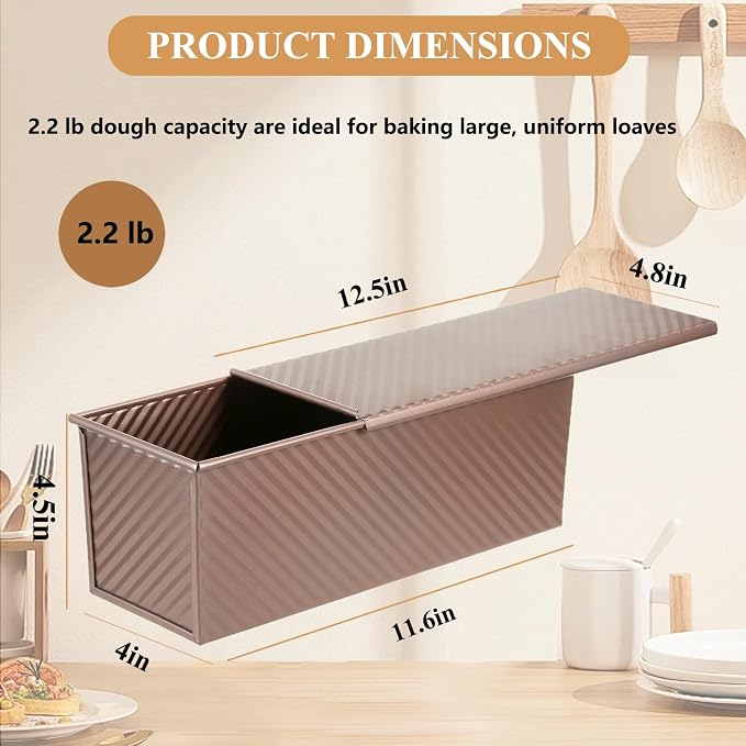 SS&CC Pullman Loaf Pan with Lid 13x4 | 2.2lb Carbon Steel Bread Pan for Homemade Sourdough & Sandwich Bread | Nonstick Bakeware, Heavy Duty & Easy Clean (Gold, 2.2lb)