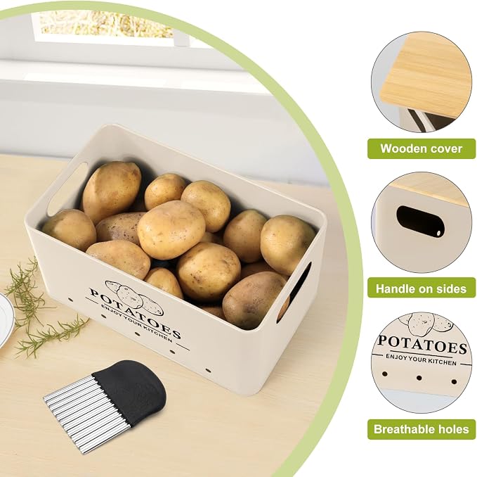 Kitchen Vegetable Storage Set of 3, Metal Onion Garlic Potato Storage Set, Kitchen Canisters Vegetable Keeper Containers with Aerating Holes and Bamboo Lid，Beige