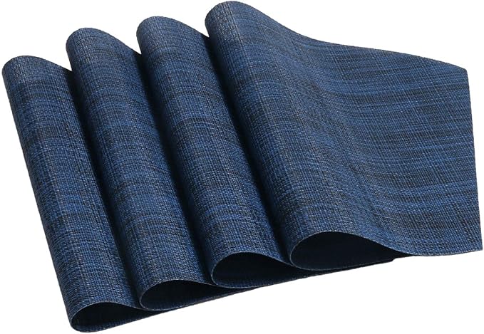 SHACOS Round Table Placemats Set of 7 Woven Vinyl Wedge Placemat with Centerpiece Mat Heat Resistant Place Mats Round Table Mats Wipe Clean (7, Blue Black)