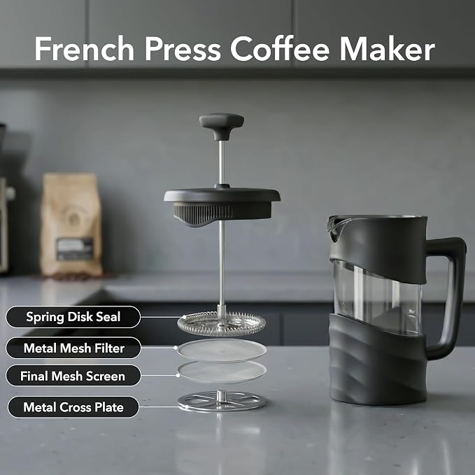 OVENTE 12oz French Press Coffee Maker with 4-Level Filtration, Black FPW12B | Heat-Resistant Borosilicate Glass Cafetiere, Dishwasher Safe Stainless Steel Filter, Compact Cold Brew for Travel and Camping