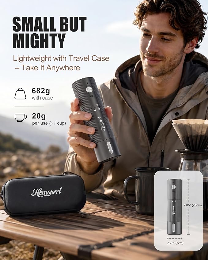 Upgraded Faster Electric Coffee Grinder, Stainless Steel Burrs, Gray | Cordless Coffee Mill, 1600mAh Rechargeable Battery, 40 Setting for Pour-Over to Espresso, Portable for Camping, Travel