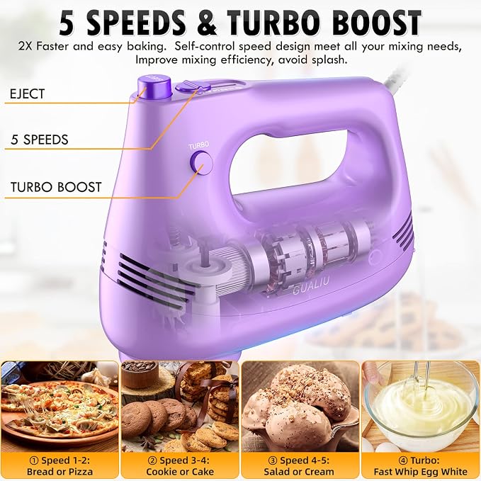 GUALIU Electric Hand Mixer, 304*(2* Beaters, 2* Dough Hooks), (1* Storage Bag) Handheld Mixer for Baking Cakes, Eggs, Cream Food Mixers, Turbo Boost /5 Speed Kitchen Blender PURPLE