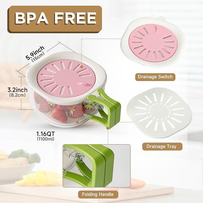 Fruit Vegetable Washing Bowl with Strainer, Berry Lettuce Keeper for Fridge Refrigerator Organization, Portable Colander for Kitchen Fridge, Drainer Container With Lid, 2 Pack (Pink)