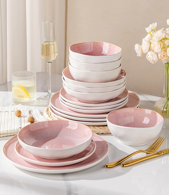 GBHOME Stoneware Dinnerware Sets for 8,24 Piece Rustic Plates and Bowls Set | Earthenware Handmade Reactive Glaze Plate Sets, Chip Resistant Ceramic Dishes, Microwave & Dishwasher Safe, Pink