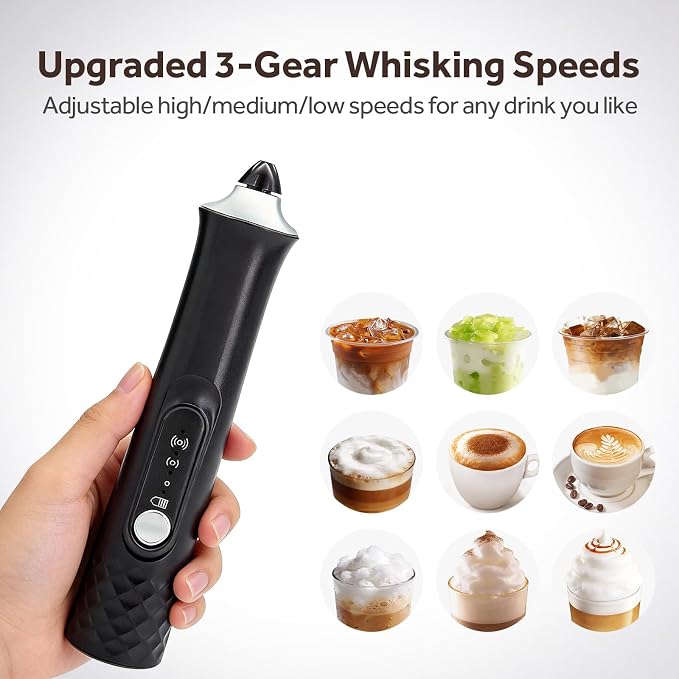 Milk Frother Handheld Rechargeable, Frother Wand Coffee Drink Mixer Electric Whisk 3 Speed Adjustable, Detachable with 3 Stainless Whisks, Hand Mixer for Lattes Cappuccino Hot Chocolate Matcha Egg