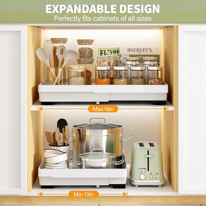 DOMNIU Pull Out Cabinet Organizers Expandable,White,20.8" Depth,2 Pack | Slide Out Drawers for Kitchen, Bathroom, Pantry, Under Sink Storage, Fixed with Adhesive Nano Film (13''-19'')