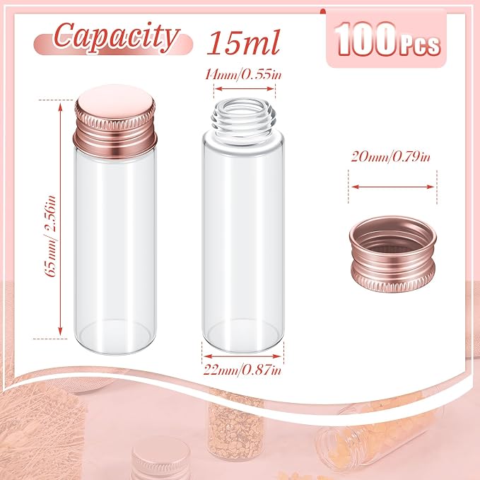 Didaey 100 Pcs Small Clear Vials Spice Mini Jars with Lids Mini Glass Bottles with Screw Aluminum Metal Caps Tiny Jars Sample Containers for Powder Cream Cosmetic Jewelry Wedding (15 ml,Rose Gold)