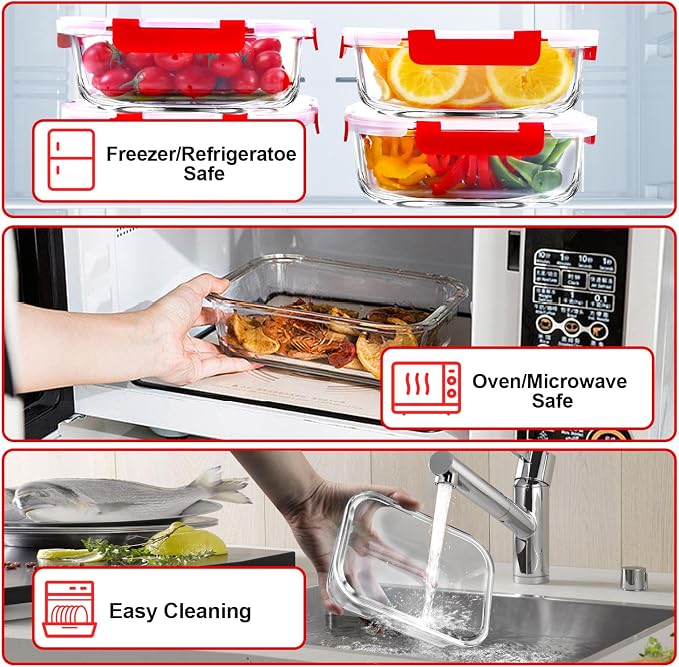 VERONES 5 PACK 36 OZ Glass Meal Prep Containers Set with Lids, Red | Airtight Glass Lunch Containers Set, Food Storage Containers with Lids, for Microwave, Oven, Freezer & Dishwasher Friendly