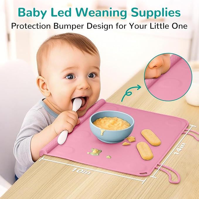 Silicone Placemat for Babygirls Eating-Out: Wipe Clean & Roll up for Outdoor - Pink Table Mat for Restaurant/Travel/On-The-Go