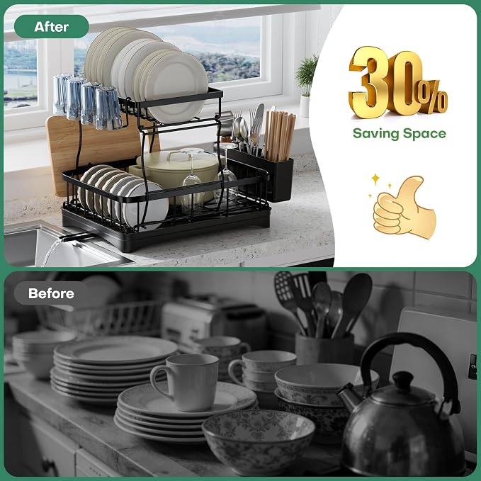 2 Tier Dish Rack, Carbon Steel Dish Drying Rack for Kitchen Organization & Storage, Countertop / Sink Dish Rack with Automatic Drain Tray, Large Capacity Black Dish Rack - Essential Home Kitchen Item