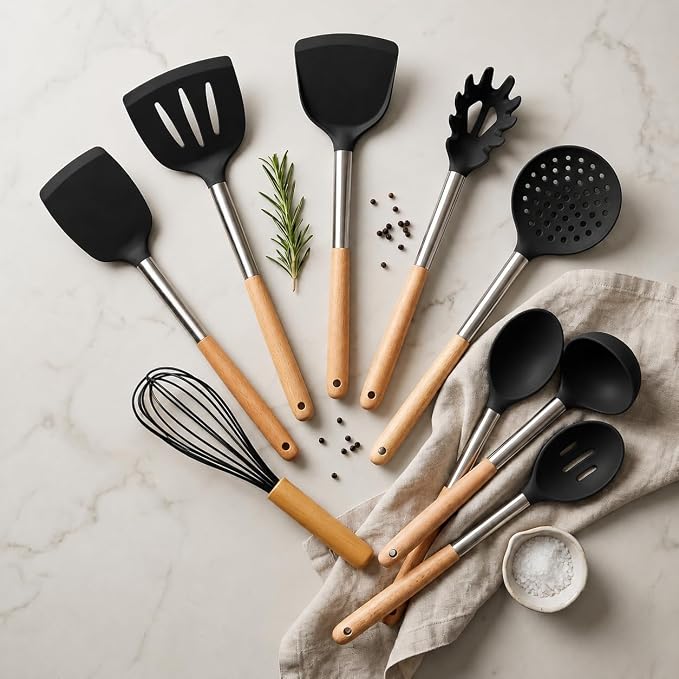 Silicone Kitchen Utensils Set, 9 Pcs Full-Size Non-Toxic Cooking Utensils with Wooden Handles & Stainless Steel Core, Heat Resistant Food Grade Kitchen Gadgets for Nonstick Cookware