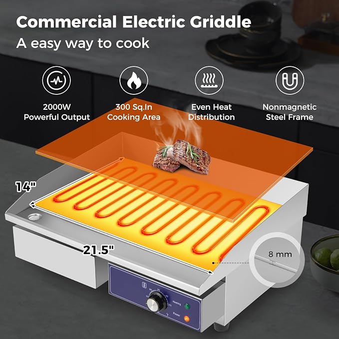 Giantex Commercial Electric Griddle, 22" Countertop Flat Top Grill | 2000W Stainless Steel Teppanyaki Grill with Cast Iron Griddle Plate, 122℉-572℉ Adjustable Temp Control for Home & Restaurant