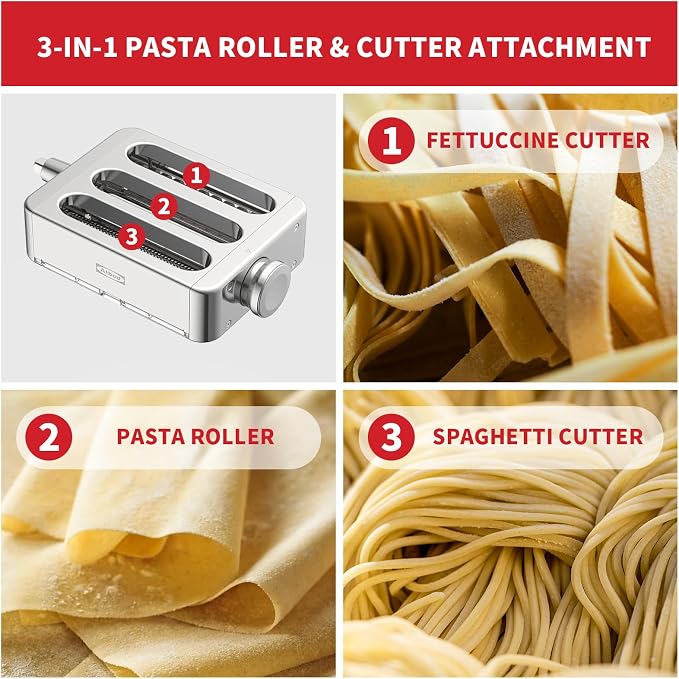 All Metal 3 In 1 Set Pasta Maker Attachment for KitchenAid, Included Pasta Sheet Roller, Spaghetti Cutter, Fettuccine Cutter Maker Accessories And Cleaning Brush