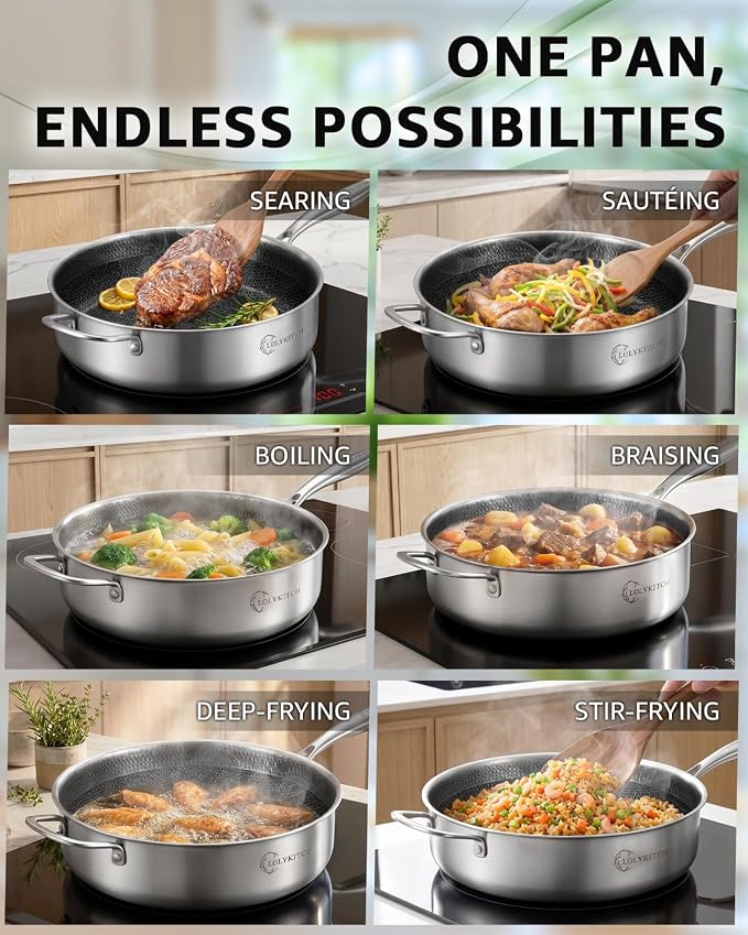 LOLYKITCH 6-Quart Large Frying Pan with Lid | 12 Inch | Detachable Handle | Tri-Ply Stainless Steel | Hybrid Nonstick Ceramic Coated | Deep Skillet | Saute Pan for Family Meals | Induction Oven-Safe