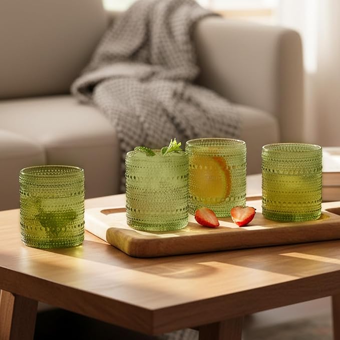 Moretoes 12 Pack 10 Oz Green Vintage Hobnail Drinking Glasses Set | Cocktail Glasses Vintage Glassware, Textured Glass Cups Bubble Glasses Water Glasses Old Fashion Jupiter Glasses Set