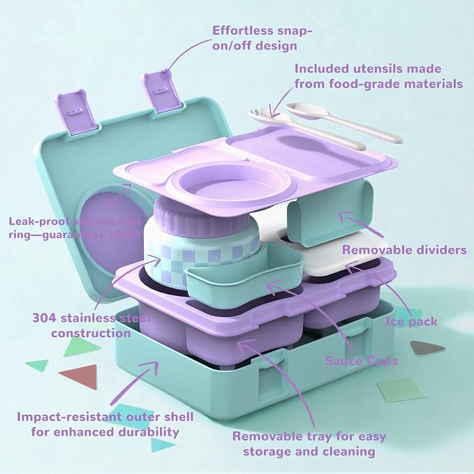 Bento Box for Kids, Leakproof Kids Lunch Box with 8.5OZ Thermo Food Jar & Lunch Bag, 3-4 Compartments Toddler Insulated Lunch Box for Girls, BPA Free Lunch Containers for School Daycare