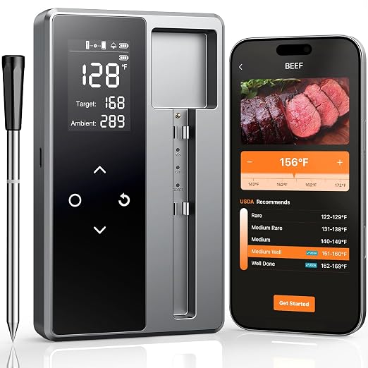 Smart Bluetooth Wireless Meat Thermometer Digital, Standalone Base | 6 Sensors Accuracy, Instant Read Food Thermometer for Cooking, Kitchen, BBQ, Grill, Oven, Smoker, Grey
