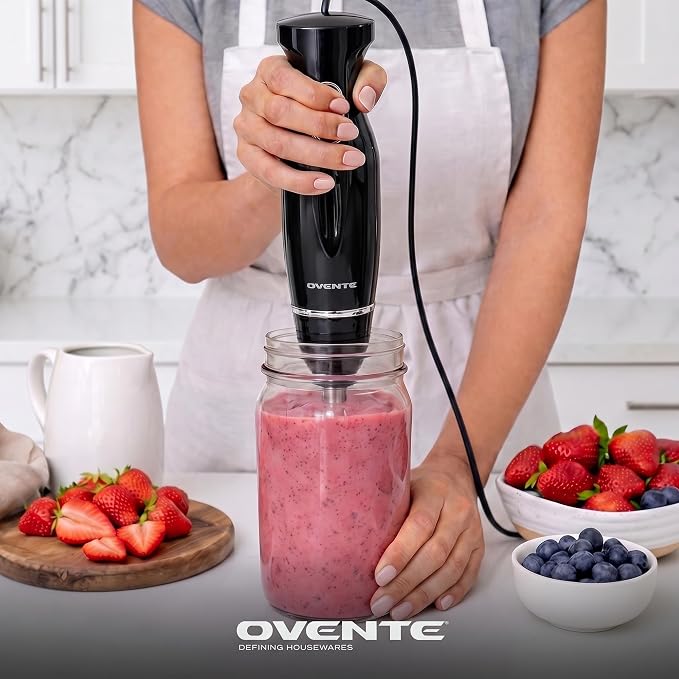 OVENTE Electric Corded Hand Blender, 300W with 2 Mixing Speeds Black HS560B | Handheld Immersion Stick Mixer with Stainless Steel Blades for Smoothies, Purees & Baby Food