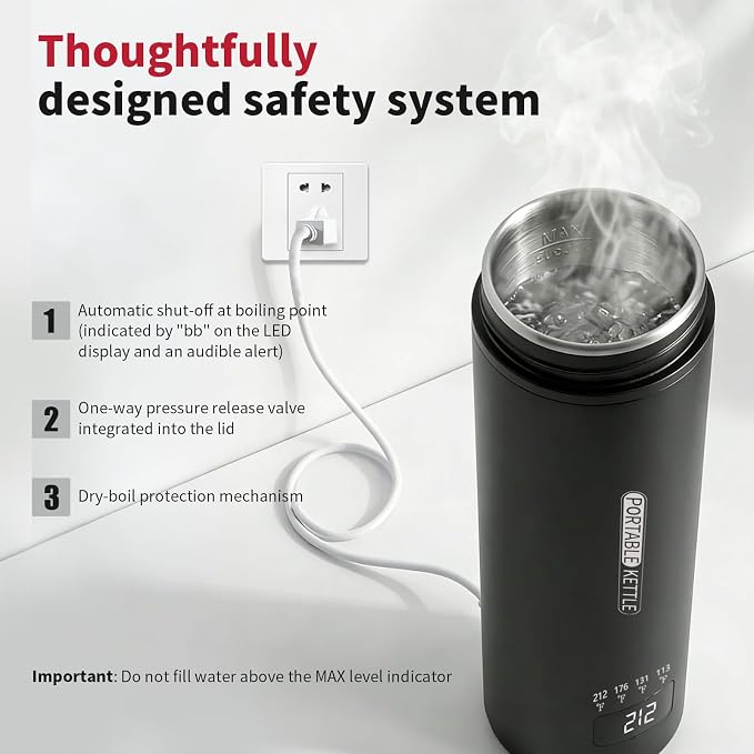 Travel Kettle, Portable Electric Kettle for 4 Temperature Controls, Black | 304 Stainless Steel Liner, Auto Shut-off, 300W (120V) Fast Boiling, Water Bottle for Business Trips, Dorm & Office, 450ml