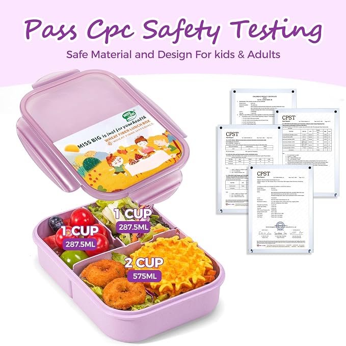 MISS BIG® Bento Lunch Box for Kids, 1150ml, 3 Compartments, Purple | Purple kids bento lunch box for school lunch, daycare snacks, preschool meals, picnic food, and travel.