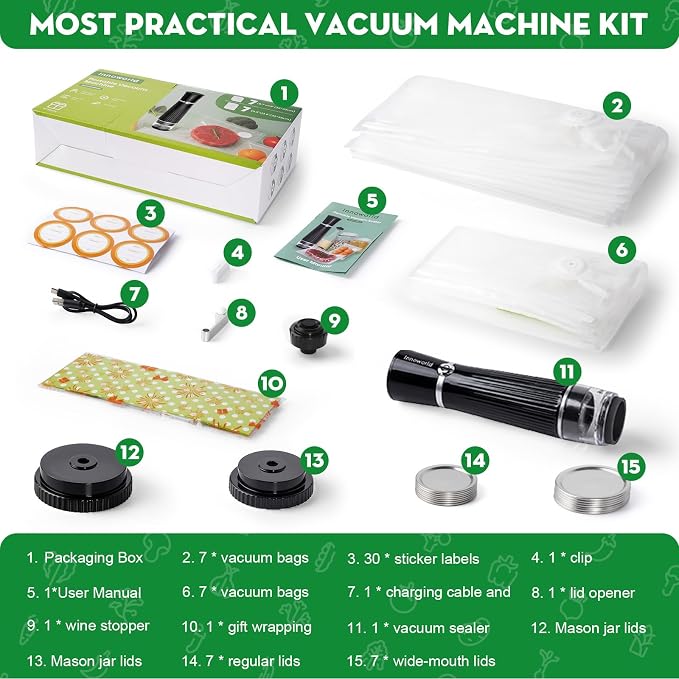 3-in-1 Compact Handheld Vacuum Sealer for Food (Bag, Mason Jar,Wine Bottle) | Innovative Design, 6X Preservation & Fresh, Portable Sealer Machine with 14 Reusable Bags, 14 Mason Jar Lids, Wine Stopper