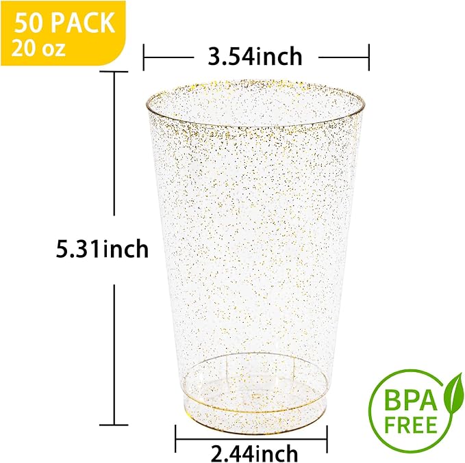 I00000 50 Pack 20 oz Gold Plastic Cups, Gold Glitter Cups Disposable Plastic Wine Glasses Cocktail Glasses Premium Cup, 20 Ounce Glitter Disposable Tumblers for Party & Wedding