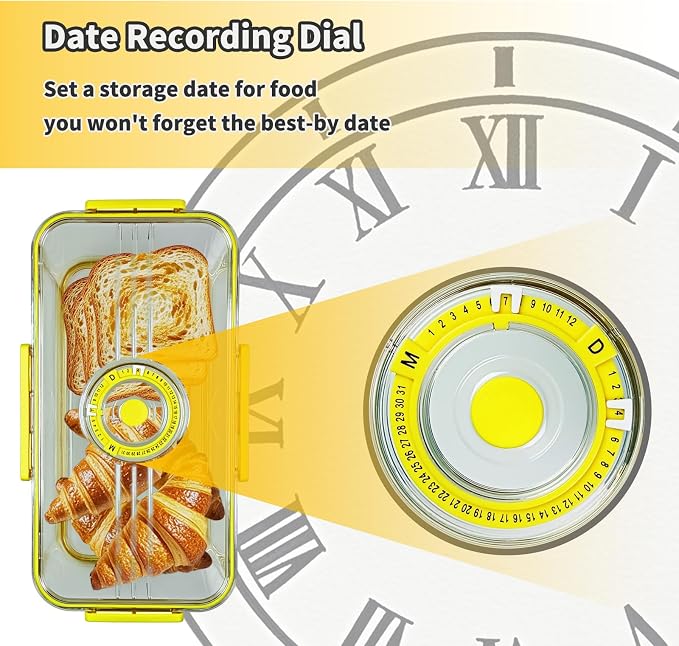 Airtight Bread Box for Kitchen Countertop, Yellow, 2 PCS | Time Recording Dial, Multi-Use Food Storage, Container with Lid, Draining Tray, For Homemade Bread, Sourdough, Toast, Cookies